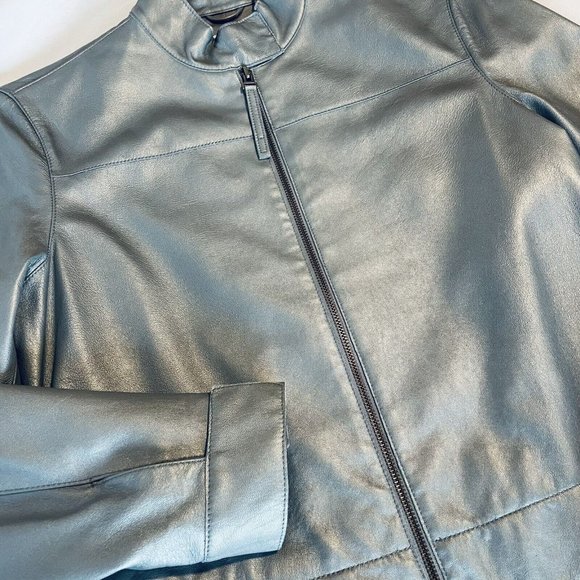 NINE WEST Women's Silver Real Leather Full Zip up Jacket Size 10 - Picture 1 of 10
